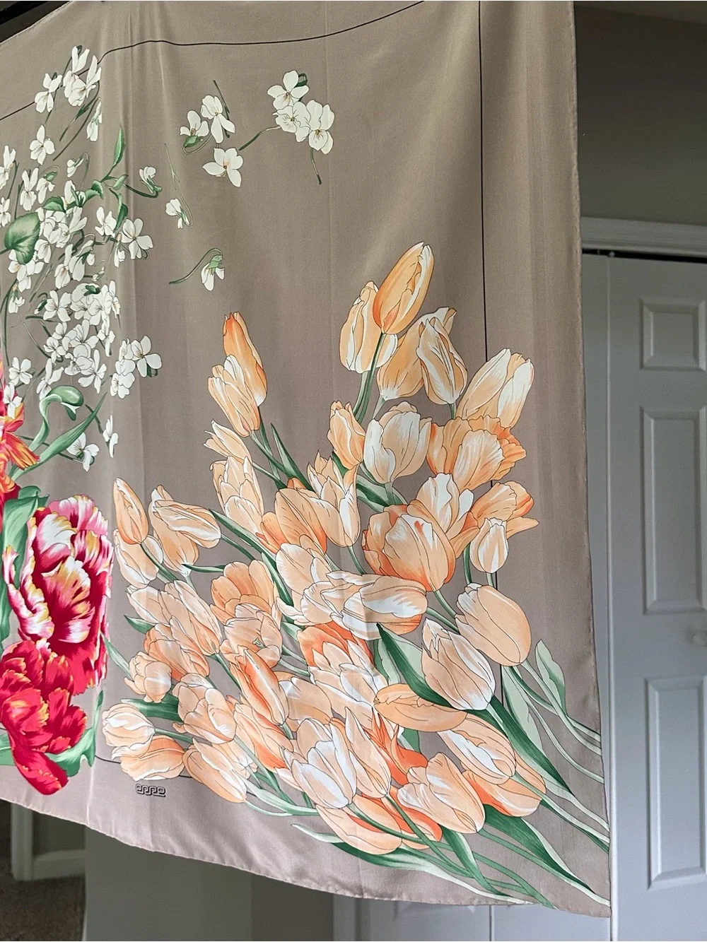 Floral 100% Silk Scarf in Taupe with Red & Peach Blooms Tulip Italian